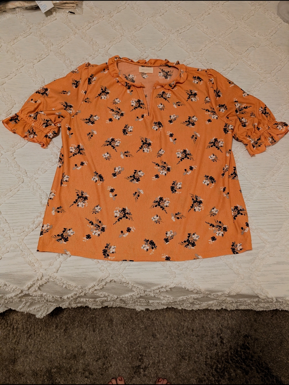 MELLODAY Orange Floral Ruffle-Sleeve Blouse
